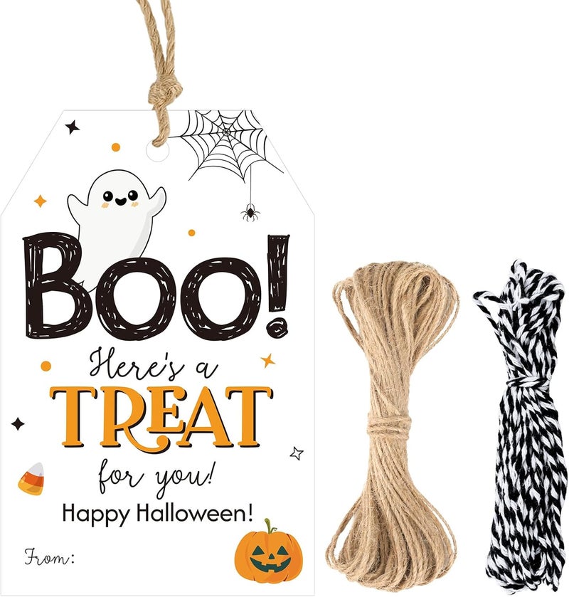 g2plus Happy Halloween Tags, 50PCS Boo Gift Tags with String, Ghost Pumpkin Trick or Treat Paper Hang Tags for DIY Crafts, Candy Treat Bags, Halloween Party Favors - Image 1